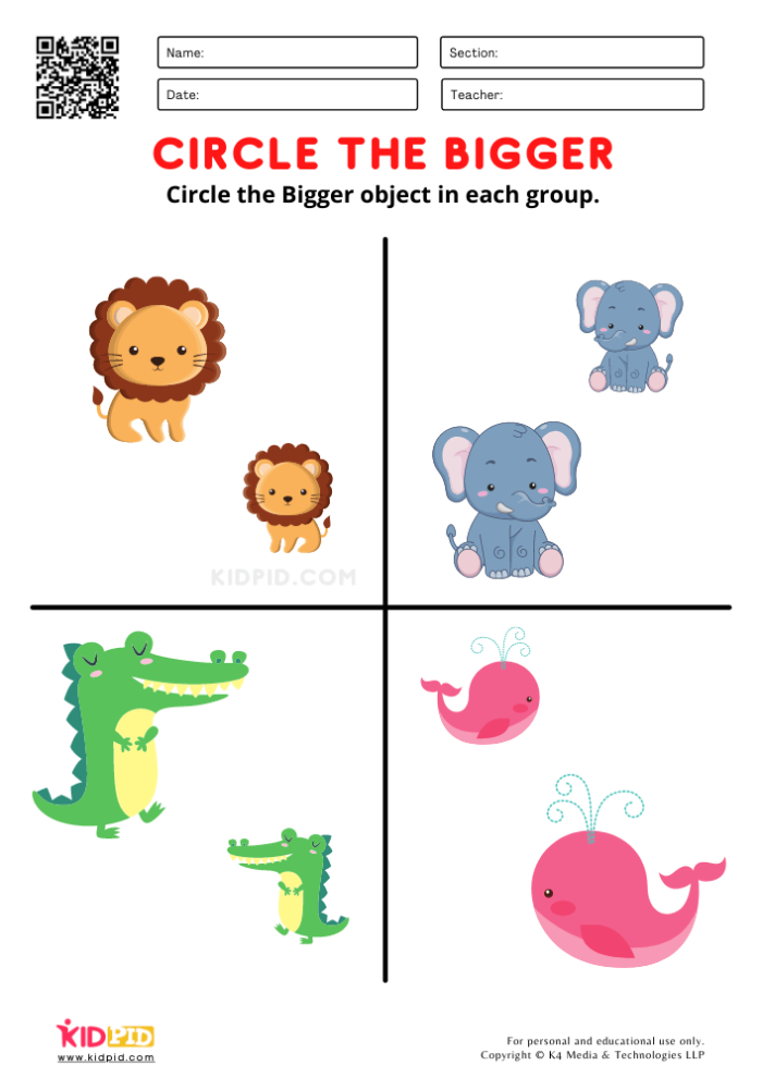 Worksheet featuring various items for kids to identify as big or small
