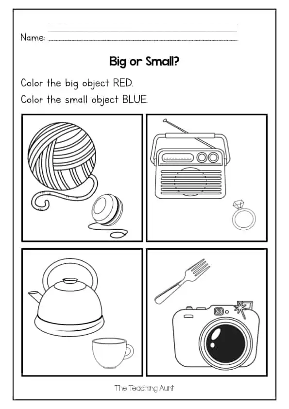 Worksheet image showcasing various items for kids to identify as big or small