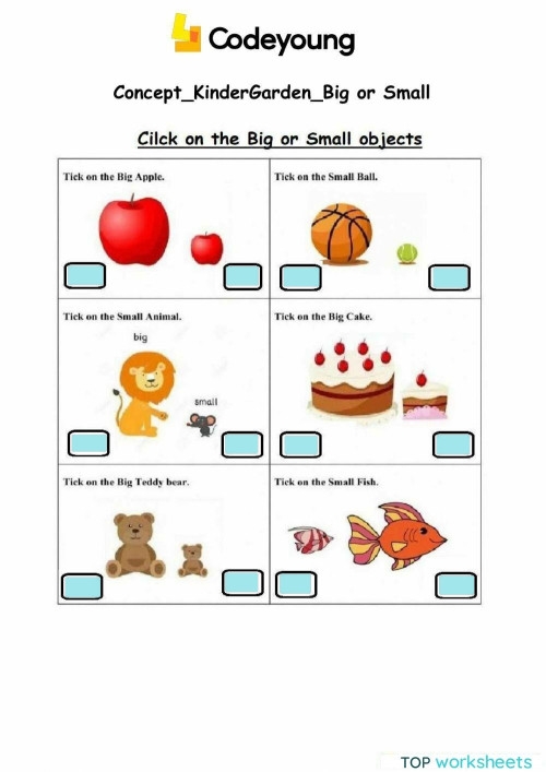 Worksheet featuring various items for kids to identify as big or small