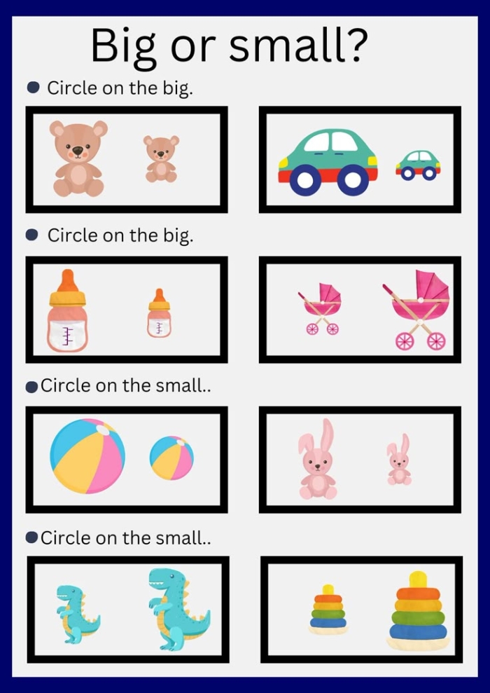 Worksheet image illustrating various objects for kids to identify as big or small