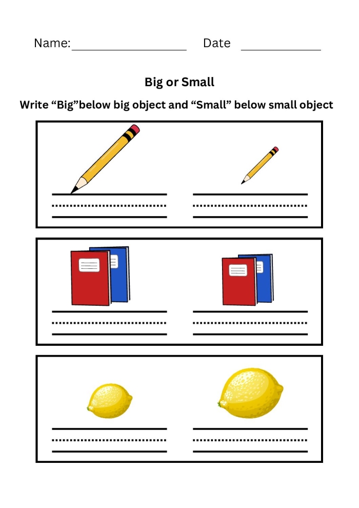 Colorful worksheet illustrating the concept of big and small items for Pre-K students
