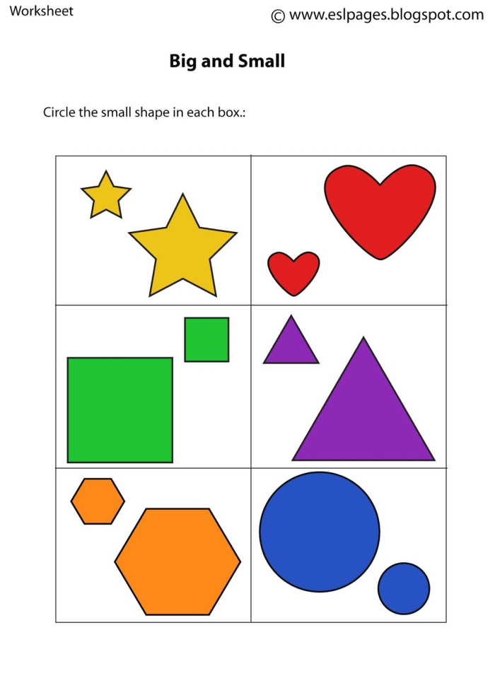 Worksheet image illustrating the concept of big and small items for young learners