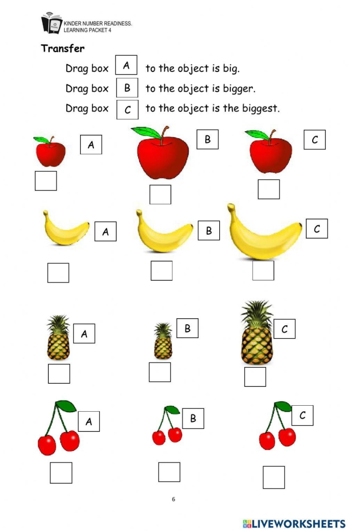 Worksheet for kids to determine which object is bigger, enhancing math and spatial skills.