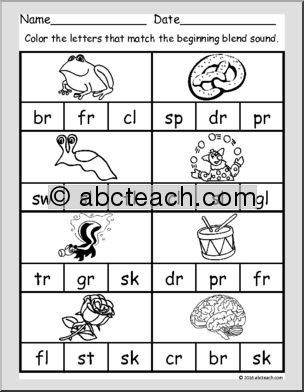 Blend at the Beginning worksheet for Pre-K students to practice identifying starting blends in words