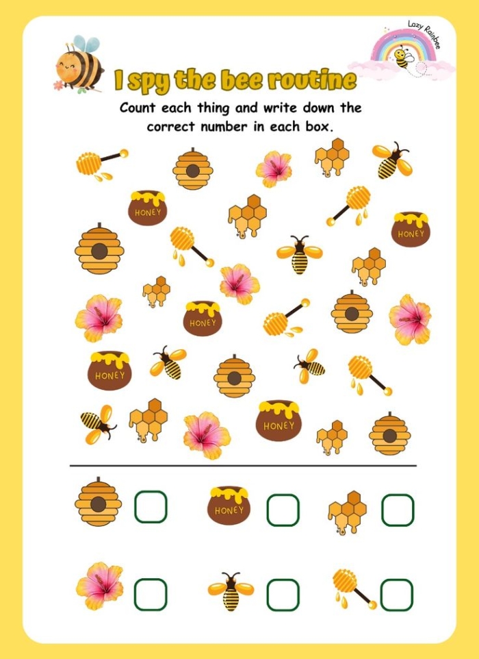 Colorful illustrations of a board game featuring busy bees designed for preschoolers. Play Busy Bees worksheet for fun learning in data and graphing.