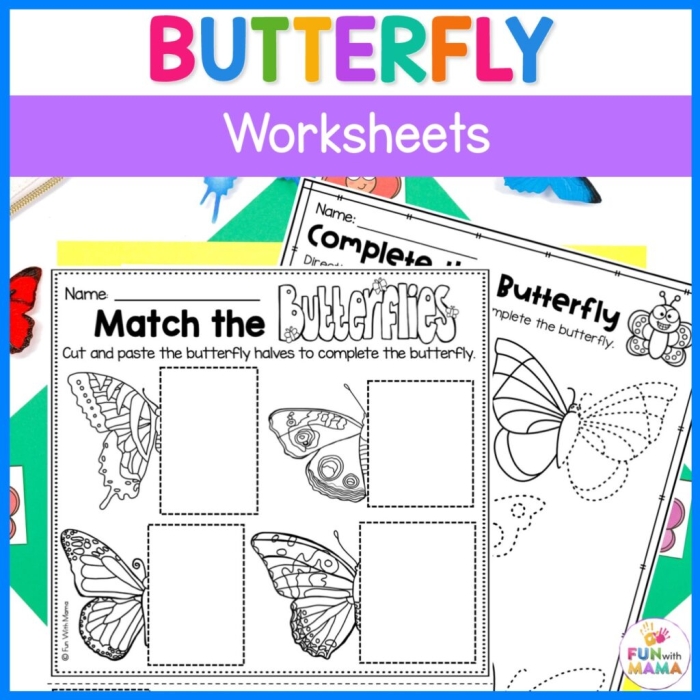 Worksheet image for tracing curved lines with butterflies Butterflies soaring along curved paths in a Pre-K geometry worksheet