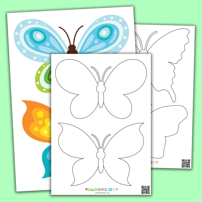 Image title: Fly, Butterfly, Fly! worksheet for geometry practice in preschool. ALT text: A colorful worksheet for Pre-K children featuring butterflies tracing curved lines to fly.