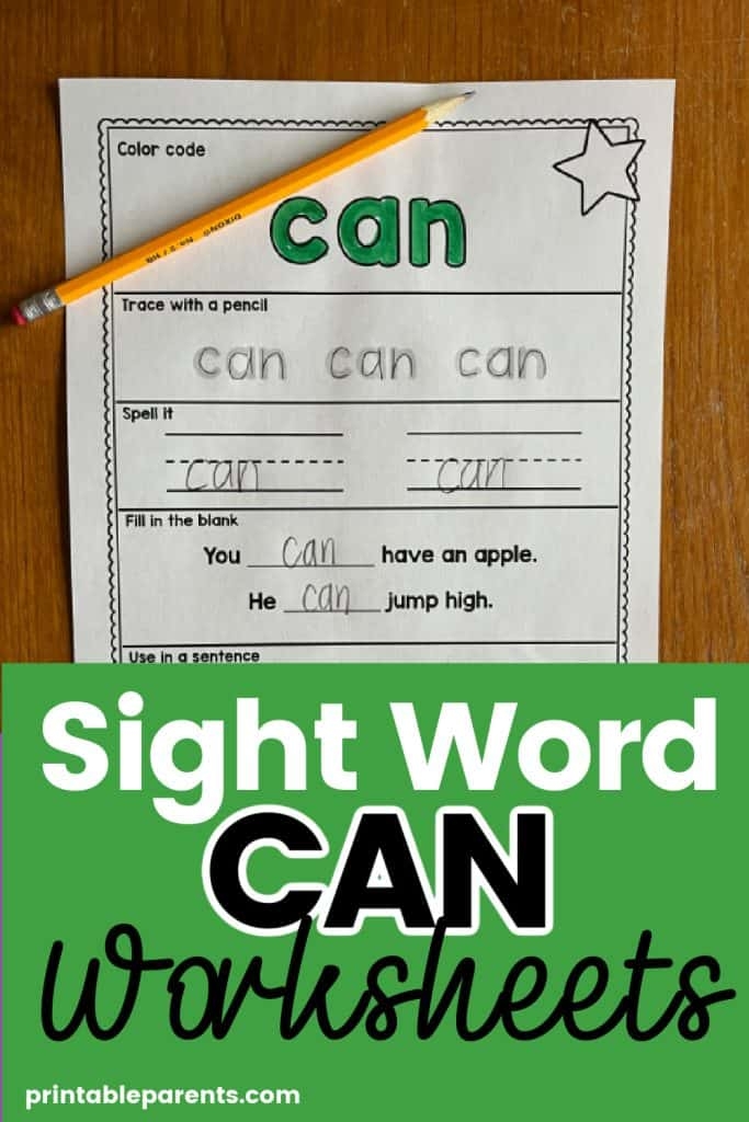 Pre-K student decorating the sight word Can with colors and patterns on a printable worksheet