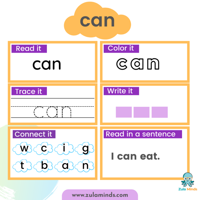 Colorful worksheet for decorating the sight word "can" for Pre-K students