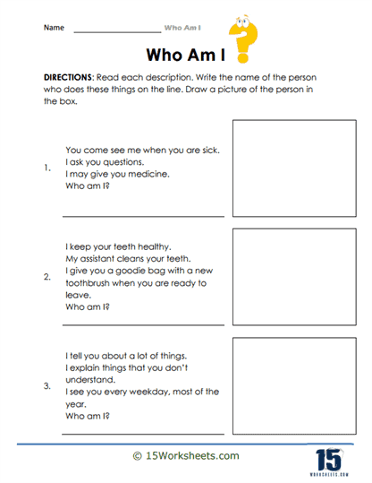 Educational resource for Pre-K numbers and counting review, image 14 Worksheet featuring a "Who Am I?" activity for matching workers to their tasks