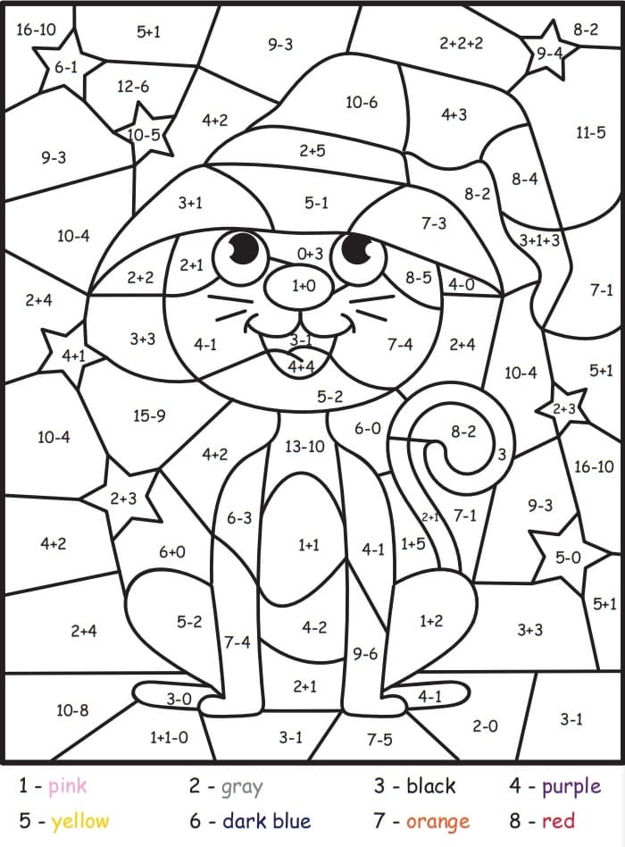 Colorful cat artwork with number sections and matching color instructions for young learners A cute cat picture divided into numbered sections for coloring practice with a color key guide at the bottom