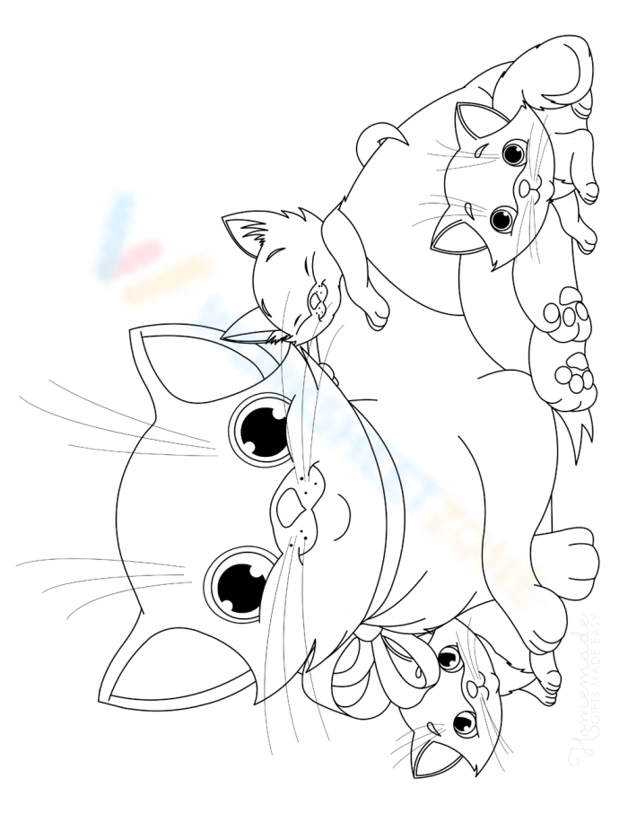 Pre-K coloring worksheet showing a mother cat and her kittens cuddling together