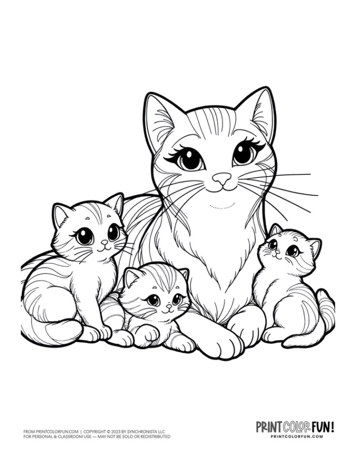 A delightful coloring worksheet featuring a mommy cat and her playful kittens for Pre-K learners