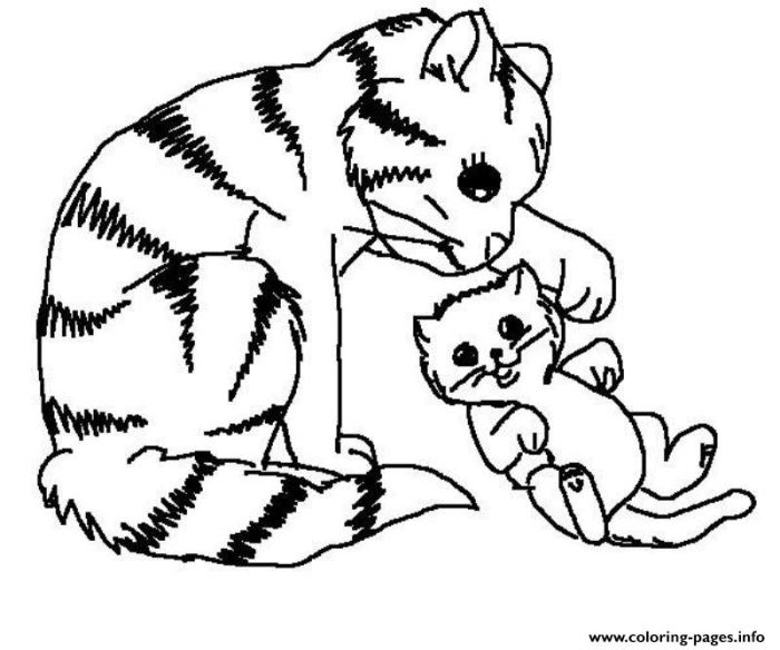 Coloring page of a mommy cat enjoying time with her playful kittens