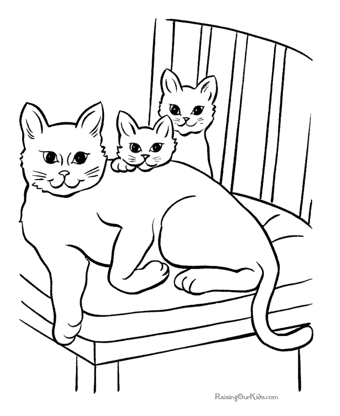 Coloring page featuring a mother cat cuddling with her kittens for Pre-K students