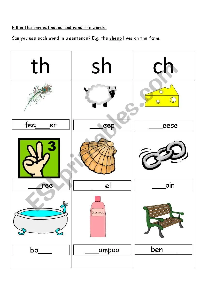 Worksheet featuring words that begin with the ch sound for early learners