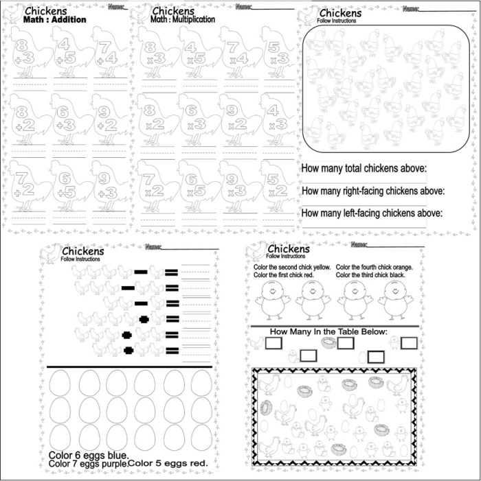 Cute cartoon chickens for the Chicken Addition worksheet designed for preschoolers