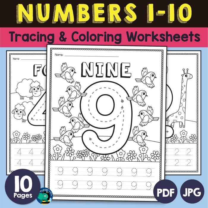 Chinese numbers 1 through 10 with stroke order guides for pre-kindergarten learners to practice writing
