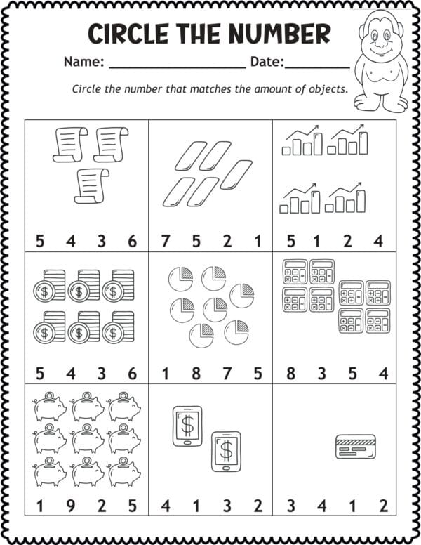 Pre-K math worksheet featuring a 0-10 number identification activity for circle the number 7