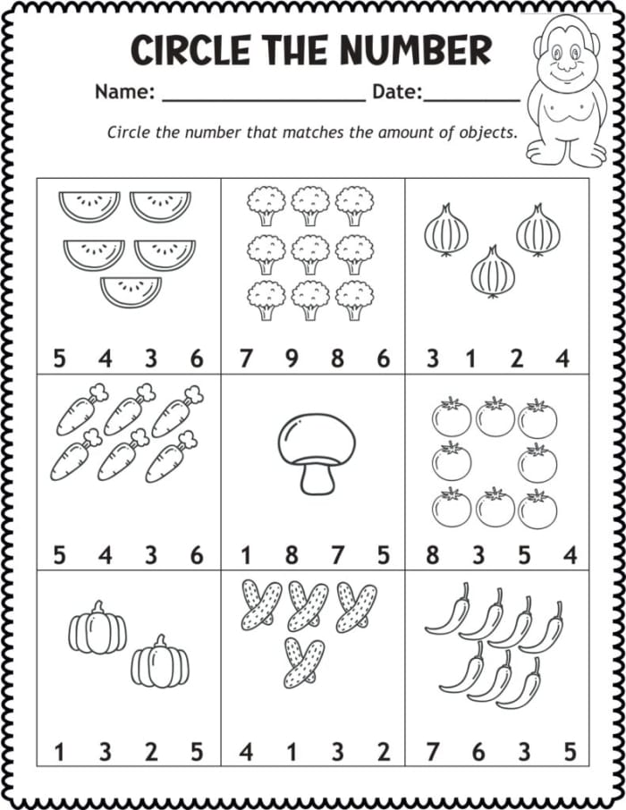 Worksheet for circling numbers from 0 to 10 in a Pre-K math activity