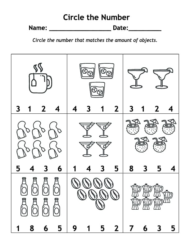 Pre-K math worksheet for identifying and circling numbers zero through ten