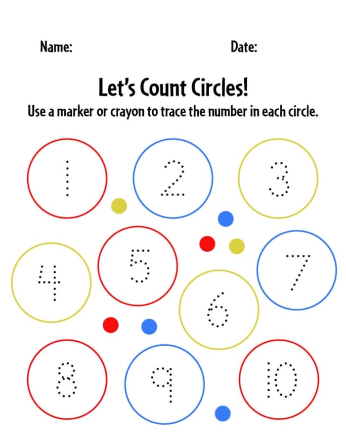 Pre-K student worksheet for identifying and circling numbers zero through ten
