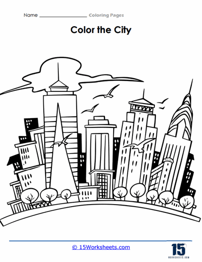 Pre-K City Tracing and Coloring Worksheet 23 Trace and Color the City worksheet for Pre-K students to practice writing skills