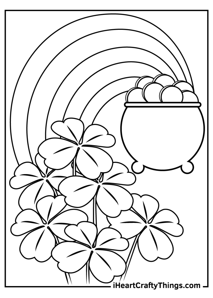 Clover coloring page worksheet for Pre-K students featuring clovers in a hat
