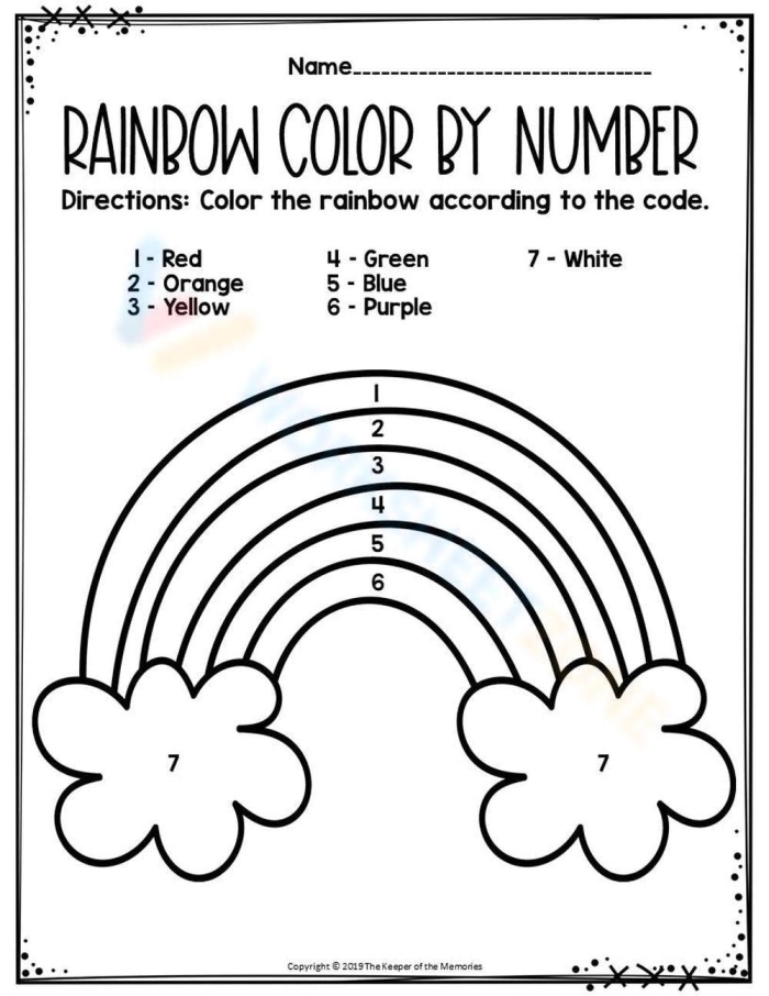 Pre-K color by number rainbow worksheet for geography lesson 24