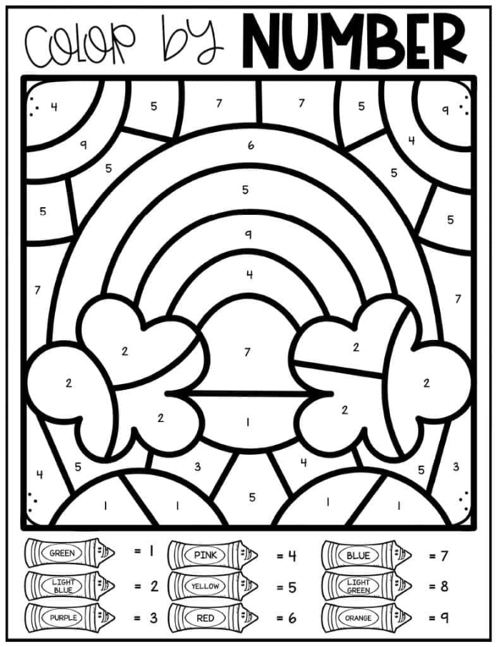 Pre-K rainbow color by number worksheet for geography lessons