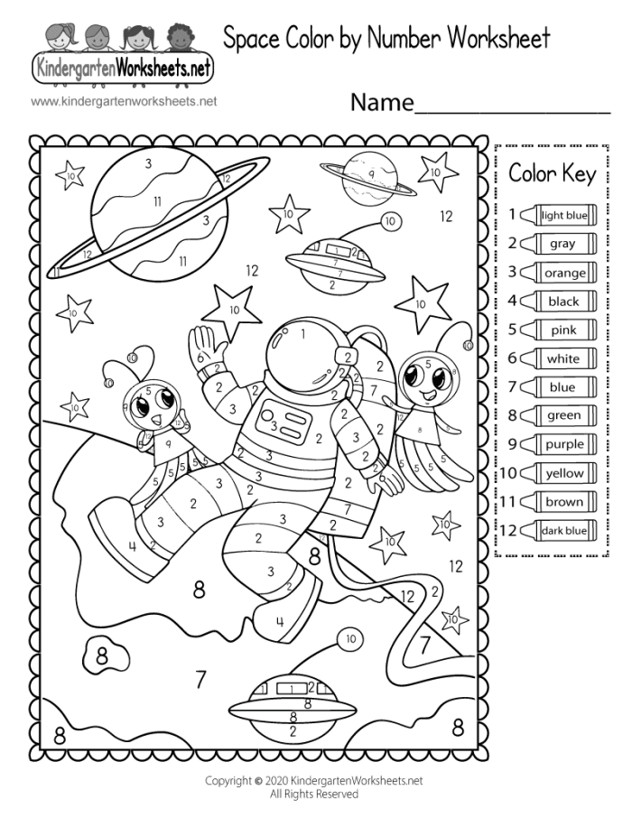 Pre-K outer space color by number worksheet featuring a rocket and alien for counting practice