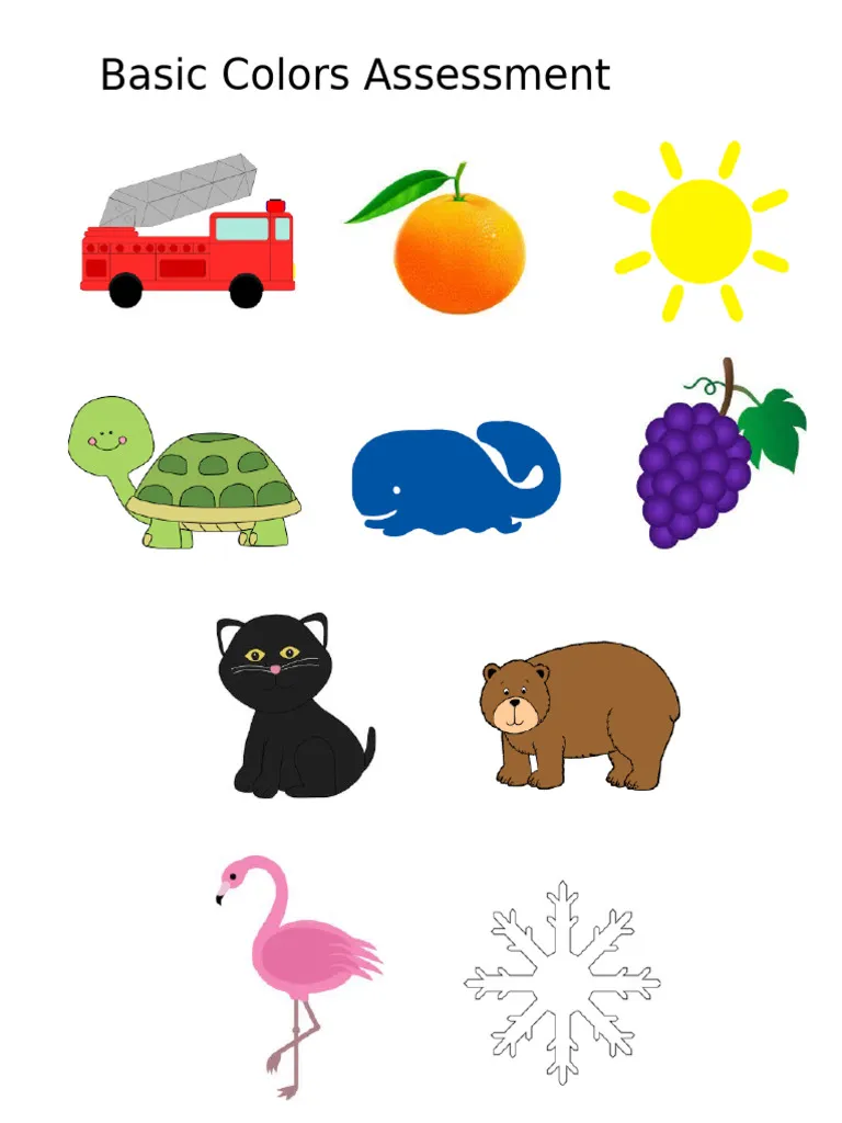 Pre-K worksheet with a color knowledge assessment featuring matching activities for basic shades