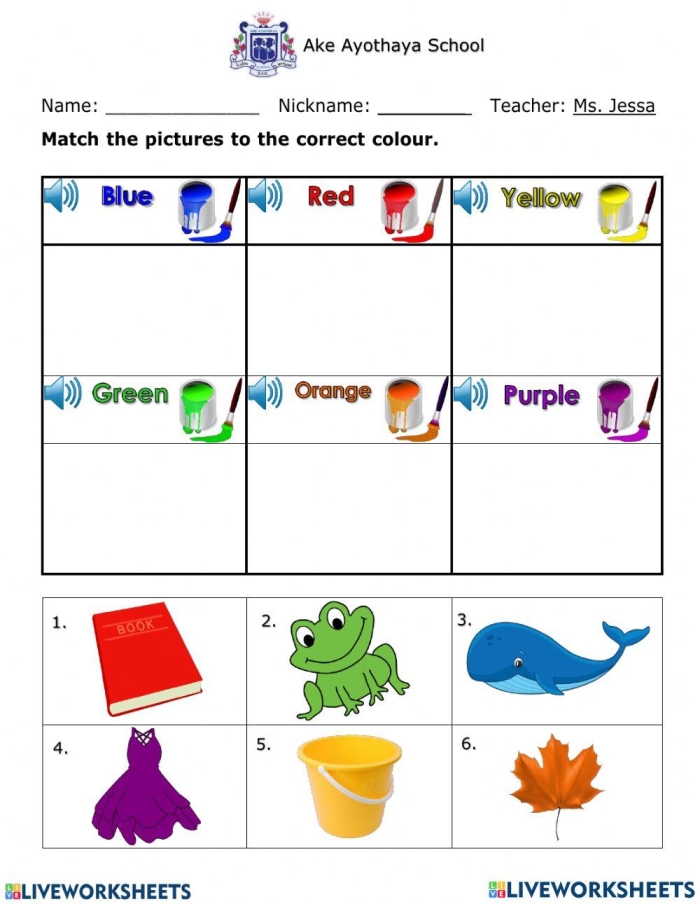 Pre-K student worksheet for identifying and matching color names to specific shades