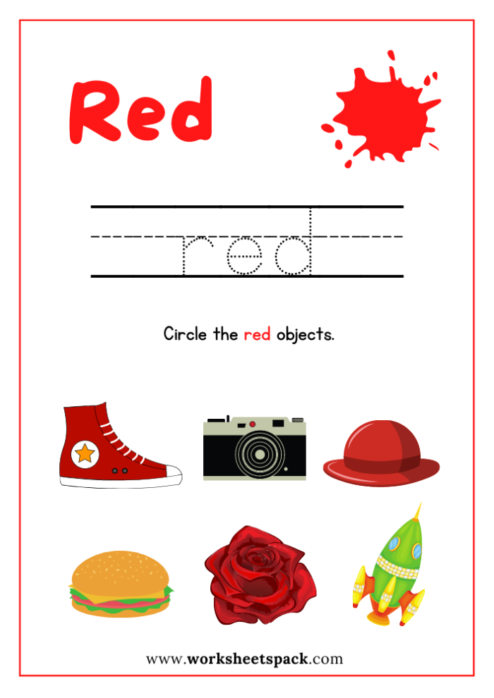 Vocabulary worksheet for Pre-K Worksheet featuring activities about the color red, including an apple illustration. Fun project for Pre-K children to explore the color red through a creative book-making activity.