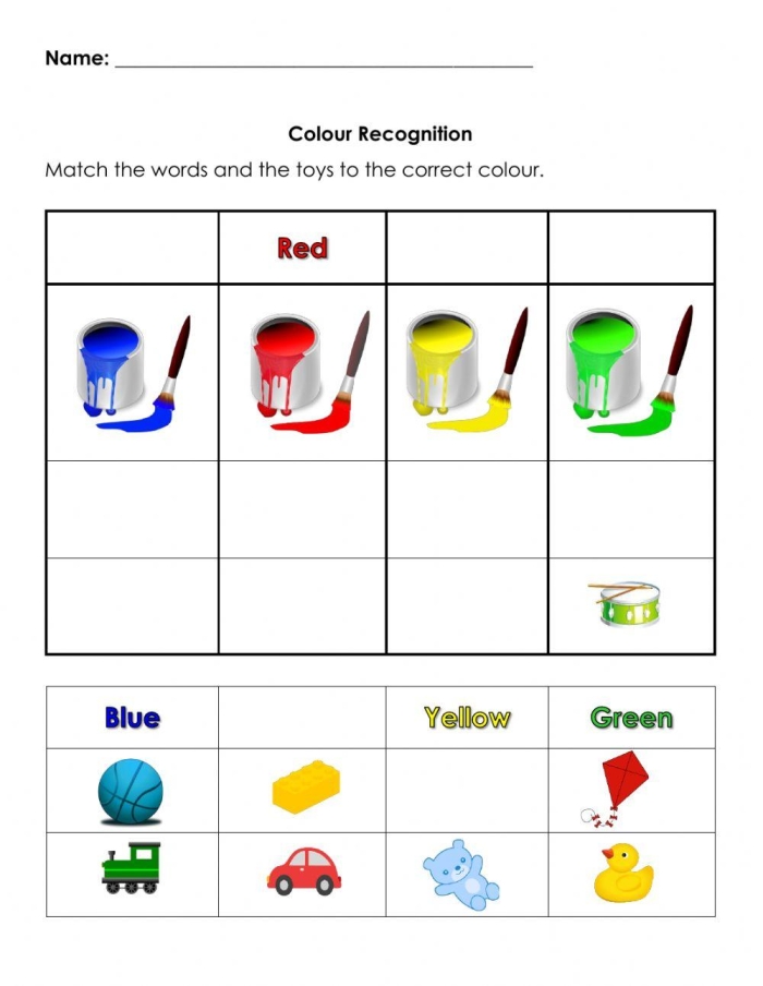 Pre-K worksheet with color matching exercises for a graphing and data assessment