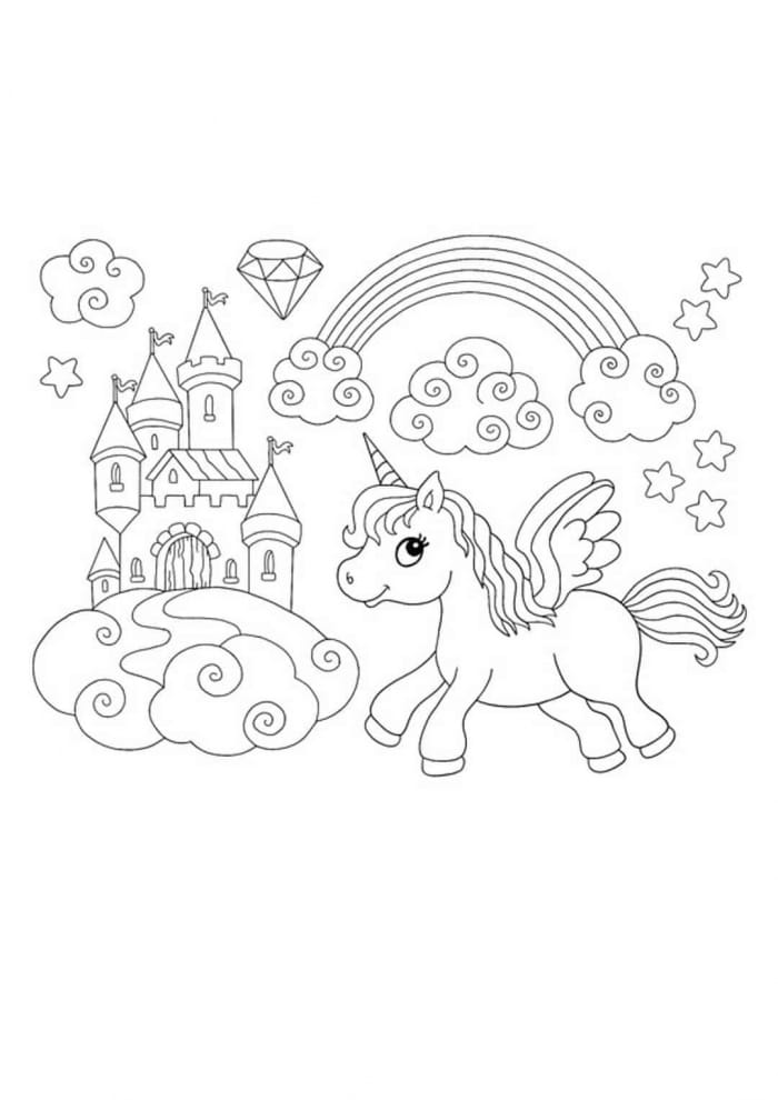 A whimsical worksheet for Pre-K kids to color a flying unicorn under a vibrant rainbow