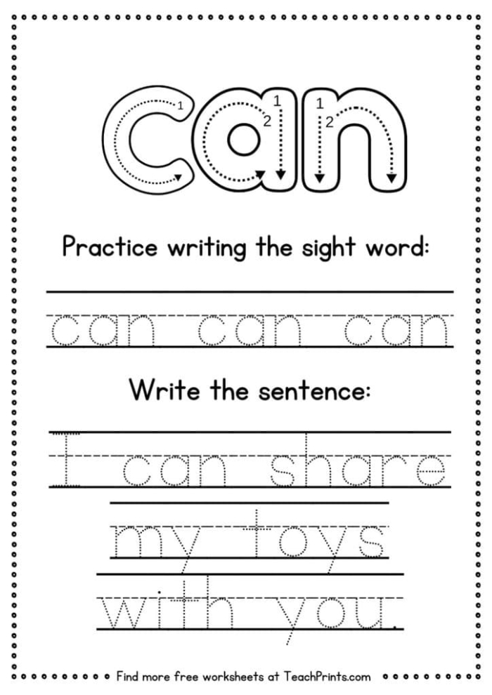 Pre-K student coloring the sight word Can on a fun printable activity sheet