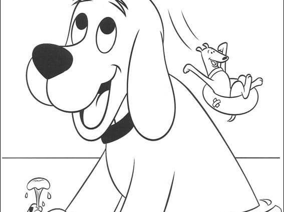 A playful dog enjoying a sunny day in the pool on a coloring worksheet