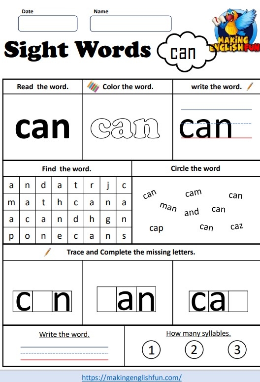 Pre-K student coloring and decorating the sight word can on a worksheet