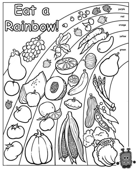 Colorful worksheet encouraging kids to eat a variety of fruits and vegetables. Words To Live By: Eat A Rainbow coloring page for Pre-K learners.