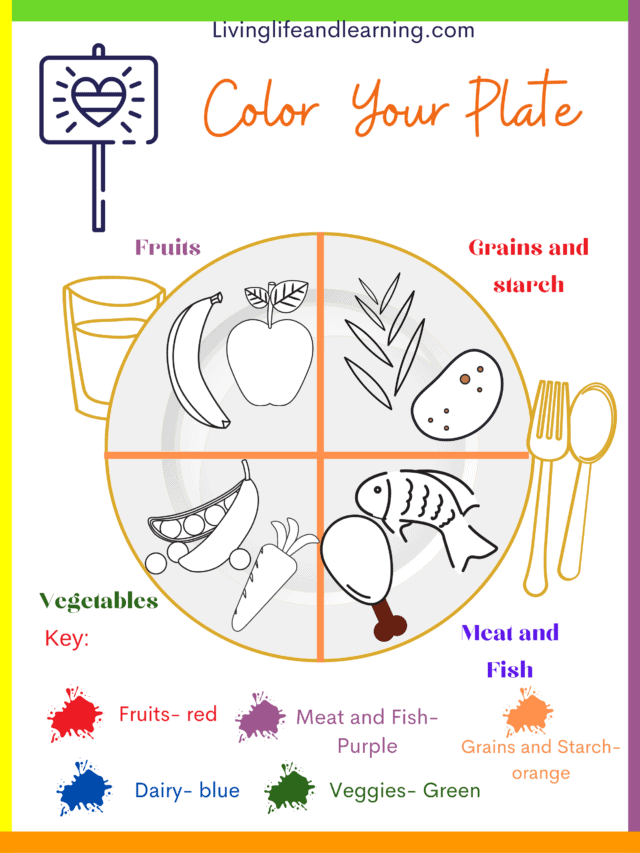 Coloring worksheet encouraging kids to eat colorful fruits and vegetables