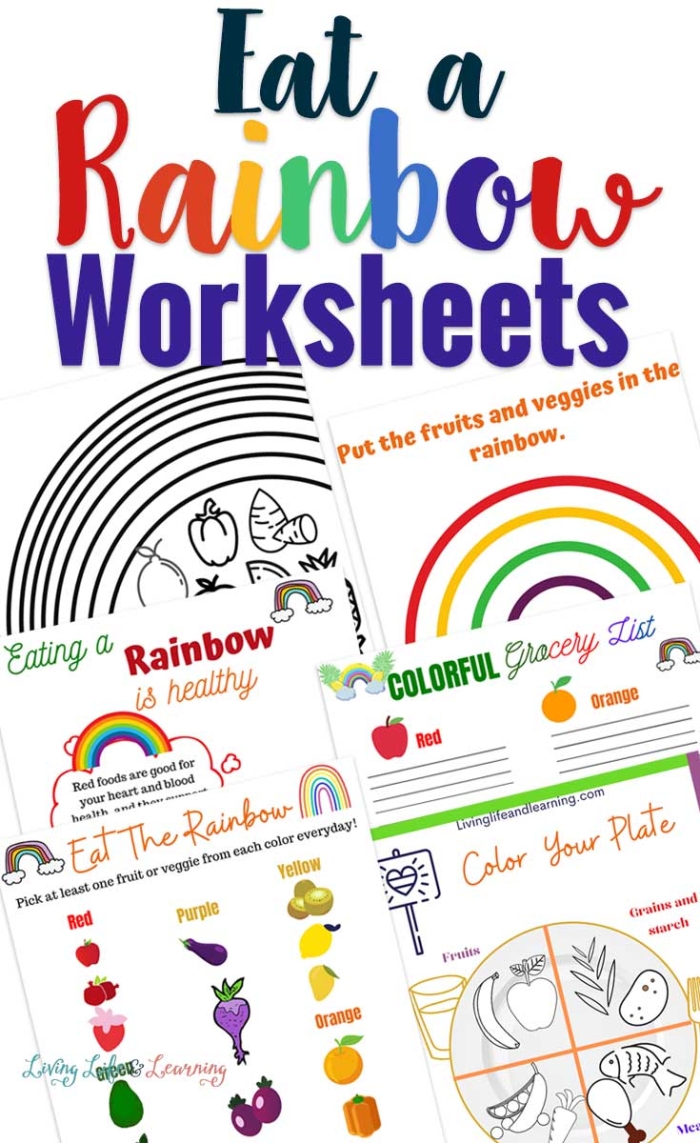 Coloring worksheet encouraging children to eat colorful fruits and vegetables for healthy eating habits