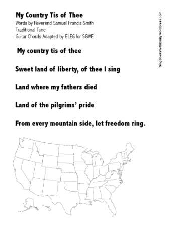 Lyrics worksheet for "My Country 'Tis of Thee" with coloring activity