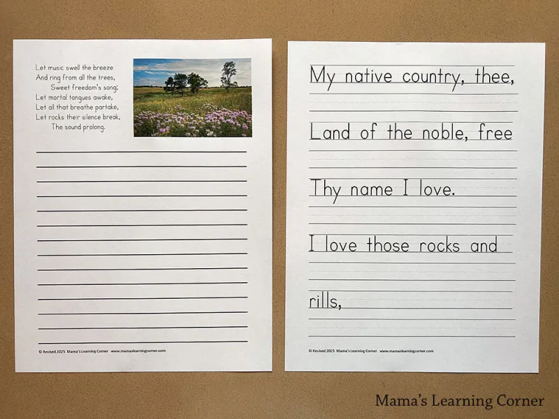 Pre-K student worksheet featuring My Country Tis of Thee lyrics for reading and coloring practice