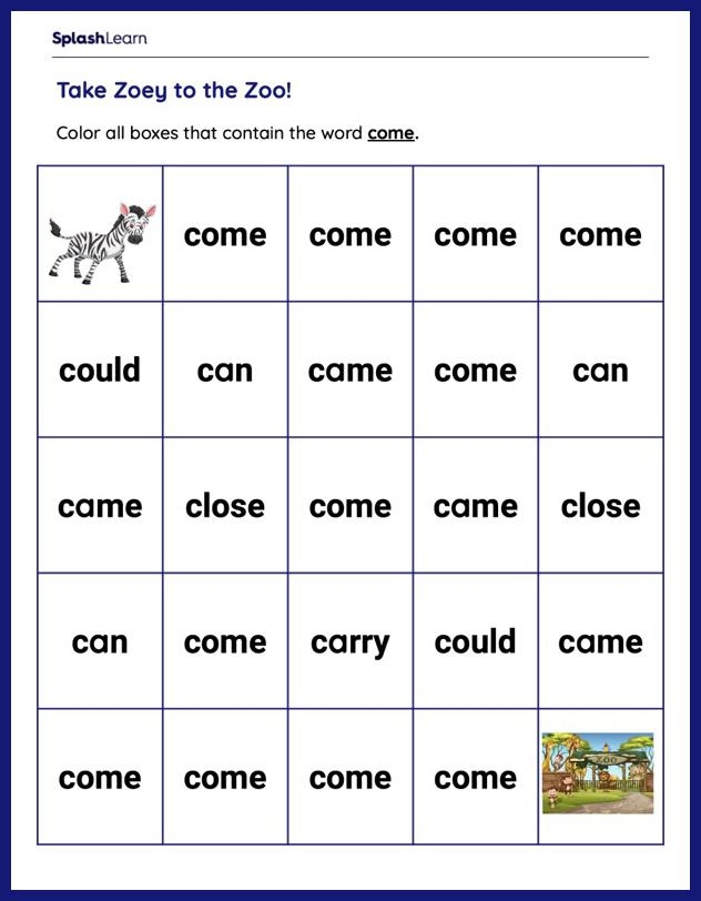 Colorful worksheet featuring engaging activities for the sight word "come" designed for Pre-K learners