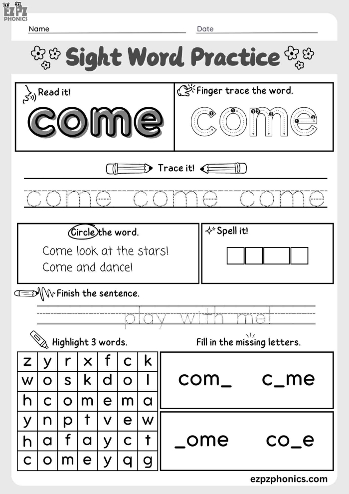 Worksheet featuring fun activities for the sight word "Come" designed for Pre-K learners