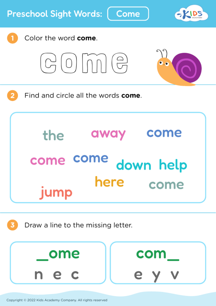 Worksheet featuring engaging activities for the sight word "Come" designed for Pre-K children. Fun and interactive learning resource for helping kids master sight words.