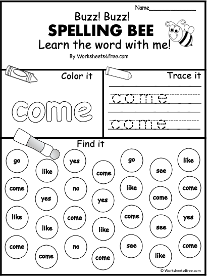 Pre-K worksheet featuring the Spruce Up the Sight Word Come activity for early learners