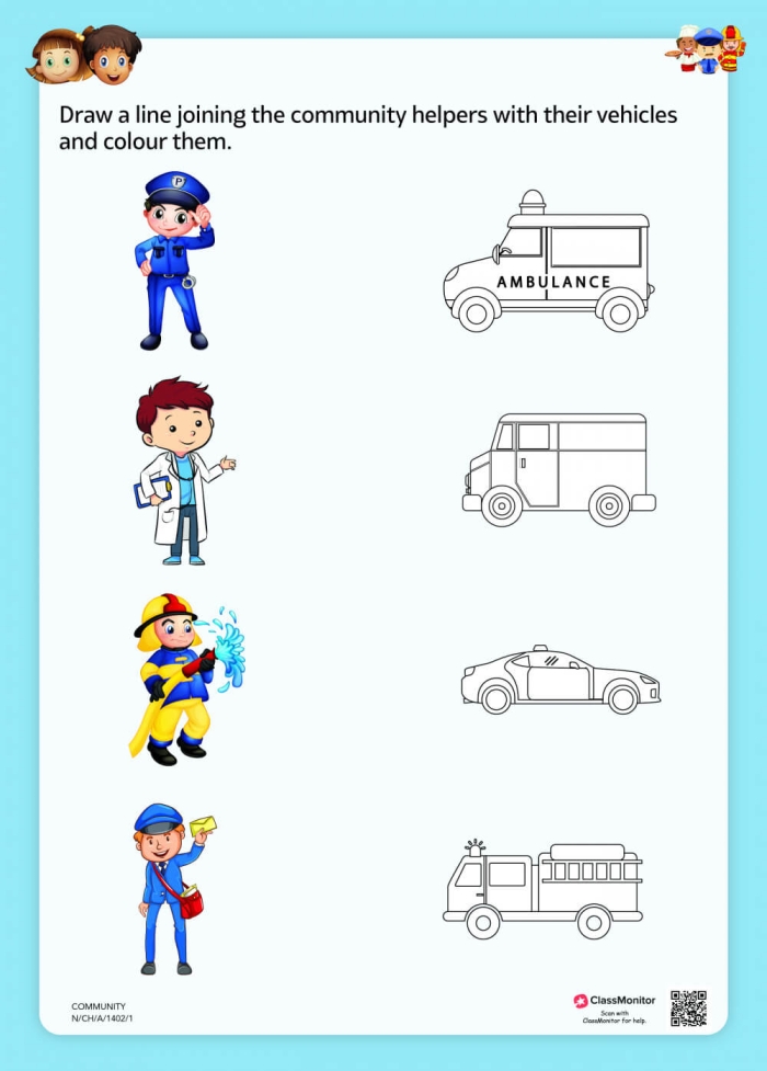 Community helpers worksheet showing vehicles and workers for Pre-K students