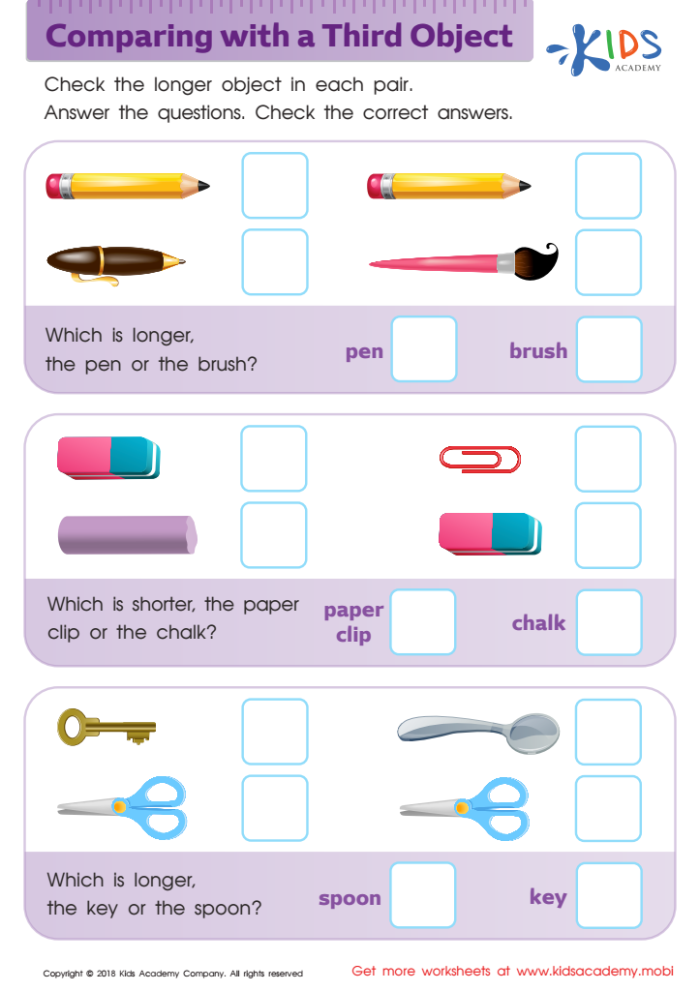 Pre-K geometry worksheet for identifying and comparing heights and weights of objects